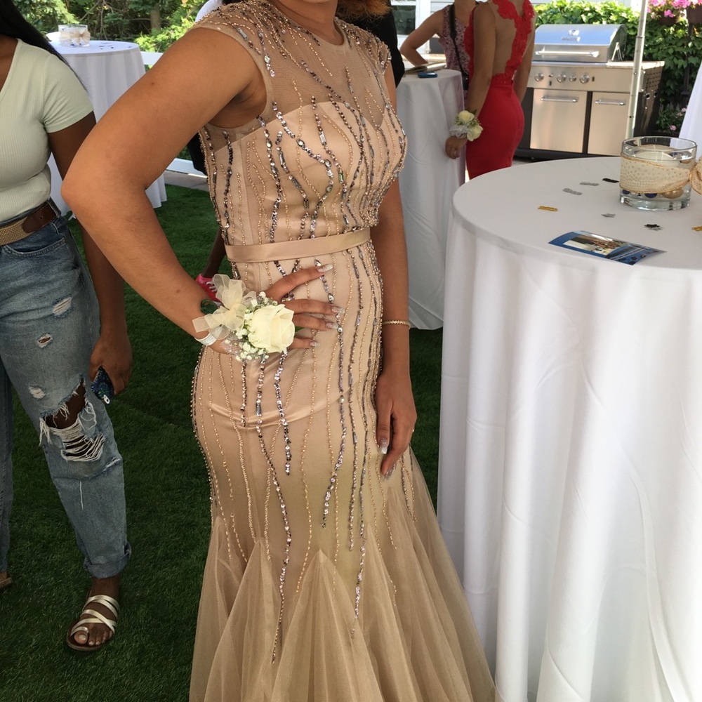 Gold beaded prom dress, size 2